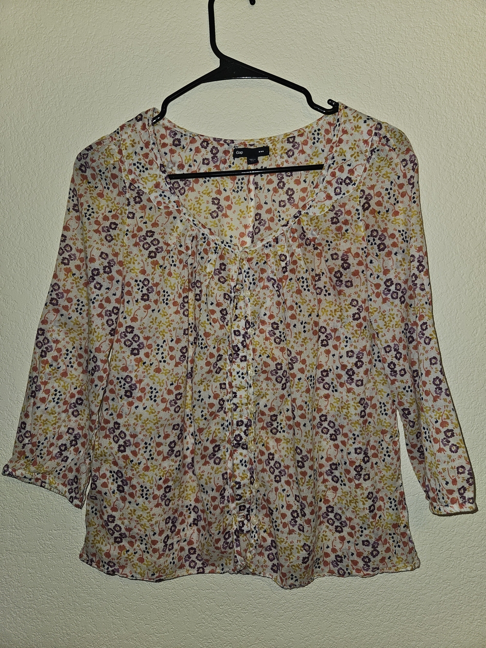 GAP Floral Peasant Blouse in Pink, Yellow & Purple Button Front Boho Sheer